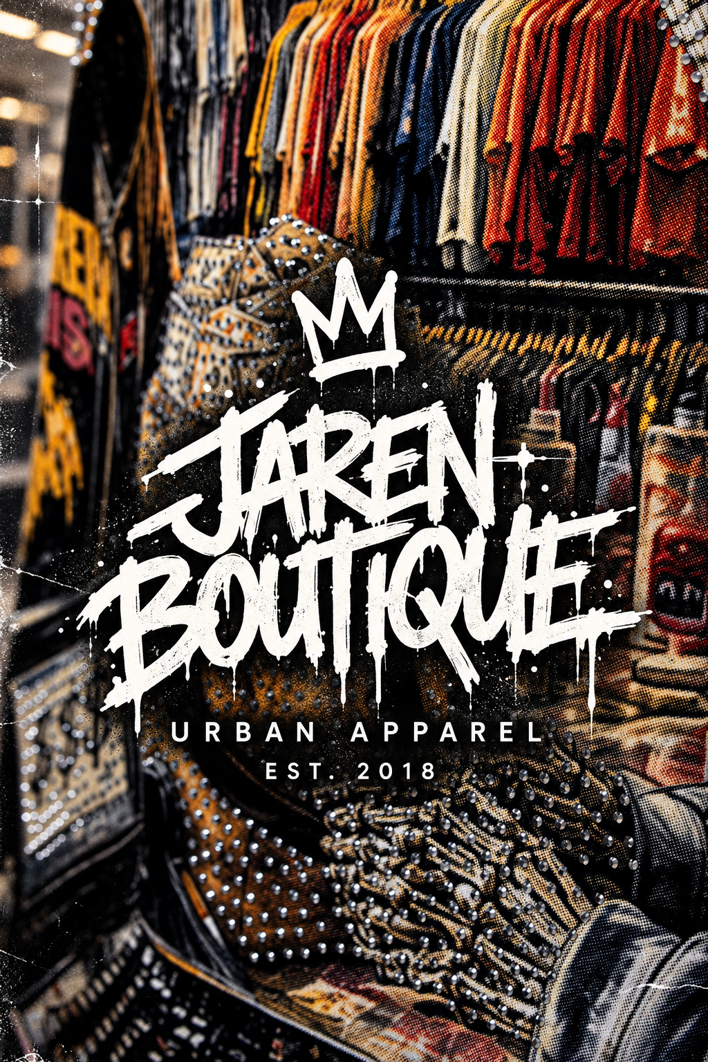 Original Jaren Boutique crown and graffiti artwork over urban apparel photographs